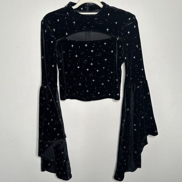 Cider Velvet Star Pattern Bell Sleeve Top Women’s M Black Festival Witchy Boho - Picture 1 of 10